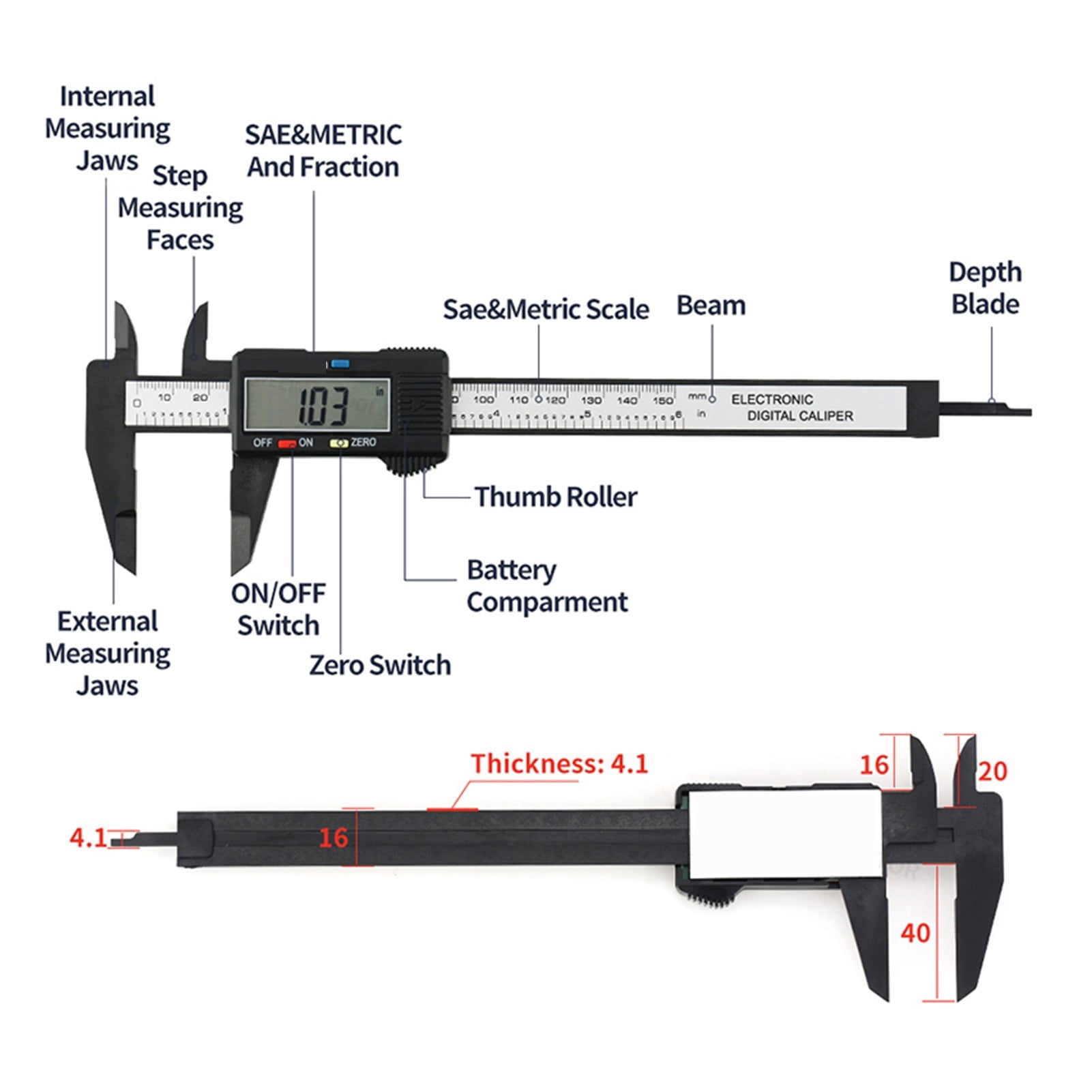 Electronic Digital Caliper Carbon Fibre Vernier Calipers Plastic Gauge LCD Micrometer Ruler Measuring Tools Instrument 150mm/6In