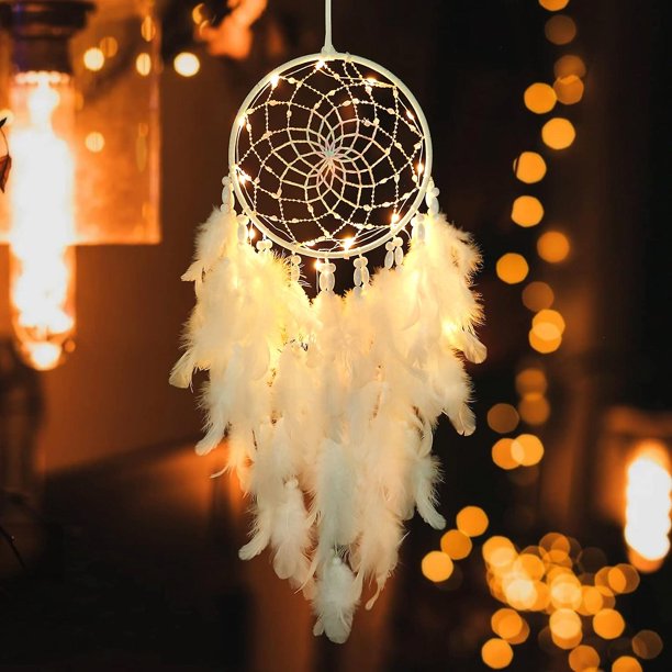 2024, Atrapasueños para decoración de pared, atrapasueños de plumas blancas con luz, decoración artesanal para dormitorio o hogar