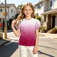 thumbnail image 6 of Atogsazn Kids Girls Gradient T-shirt Casual Summer Puff Sleeve Pullover Loose Fit Tshirt Basic Tee Tops Hot Pink 14-15 Years Fashion, 6 of 8