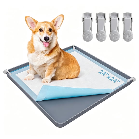 Dog Pee Pad Holder - Silicone Puppy Pad Holder - High Edge Dog Potty Tray with 4 Holder Clamps for Puppy Potty Training, Fits Up to 24" x 24" Training Pads, Gray