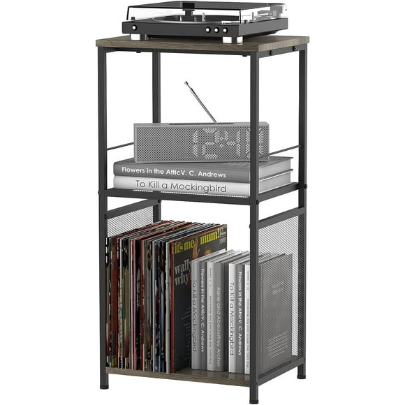 Record Player Stand Grey Vinyl Record Stand and Storage Turntable Stand with Vinyl Storage 3 Tier Record Holder Table