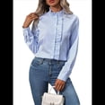 thumbnail image 3 of Blusas de Oficina de Larga con Cuello Alto y Botones A Rayas para Mujer Azul XL, 3 of 10
