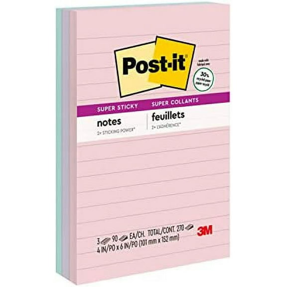 Post-it Recycled Super Sticky Notes, 4x6 in, 3 Pads, 3 Pack
