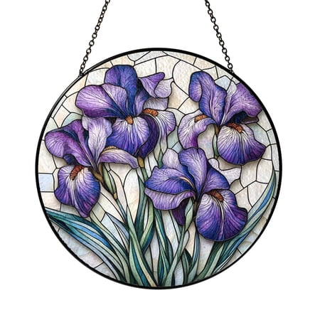 Round Purple Iris Stained Glass Style Suncatcher Decorative Window Hanging Botanical Art Panel