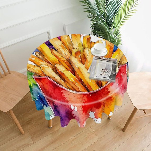 RKSupls 60 Inch Round Tablecloth, Watercolor French Fries Art Premium Polyester Straight Edge Wrinkle Resistant Washable Table Cover for Party Home Dining Decor
