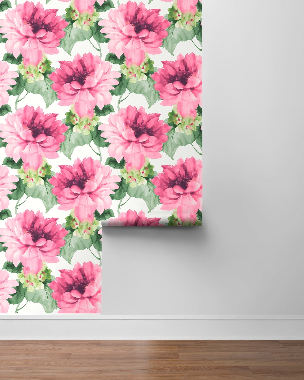 NextWall Harry & Grace Watercolor Floral Peel and Stick Wallpaper 20.5 in. W x 18 ft. L - Cerise Pink & Evergreen