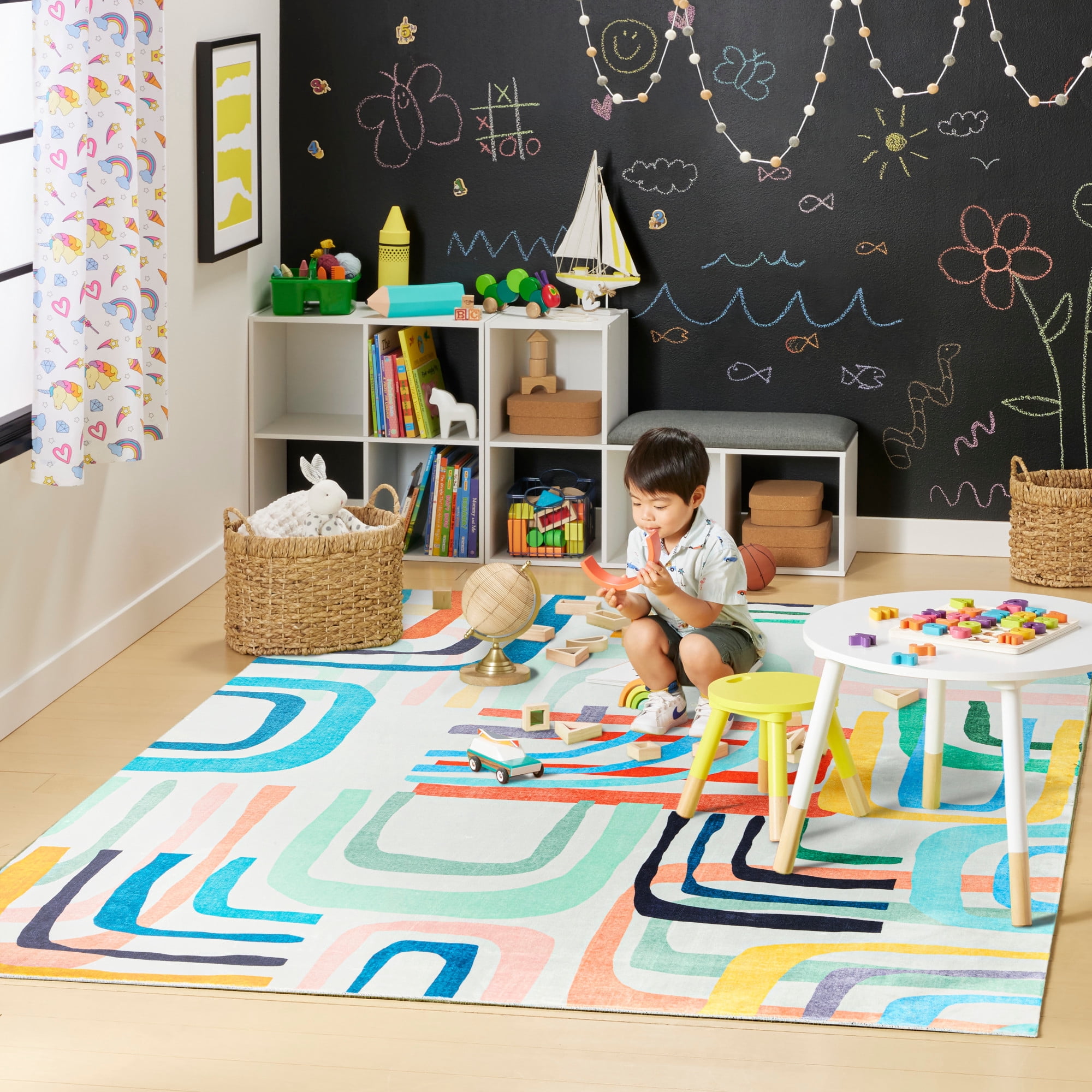 TOWN & COUNTRY PLAY Jovie Rainbow Party Kid's Washable Area Rug, Soft & Plush, Safe Non-Slip Backing, Bedroom Rug, Dorm Decor, Playroom & Classroom Rugs, Blue/Multi, 3'3"x5'2"