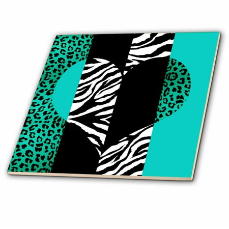 Leopard Tile - 3dRose Aqua Blue Black and White Animal Print - Leopard and Zebra Heart - Ceramic Tile, 4-inch