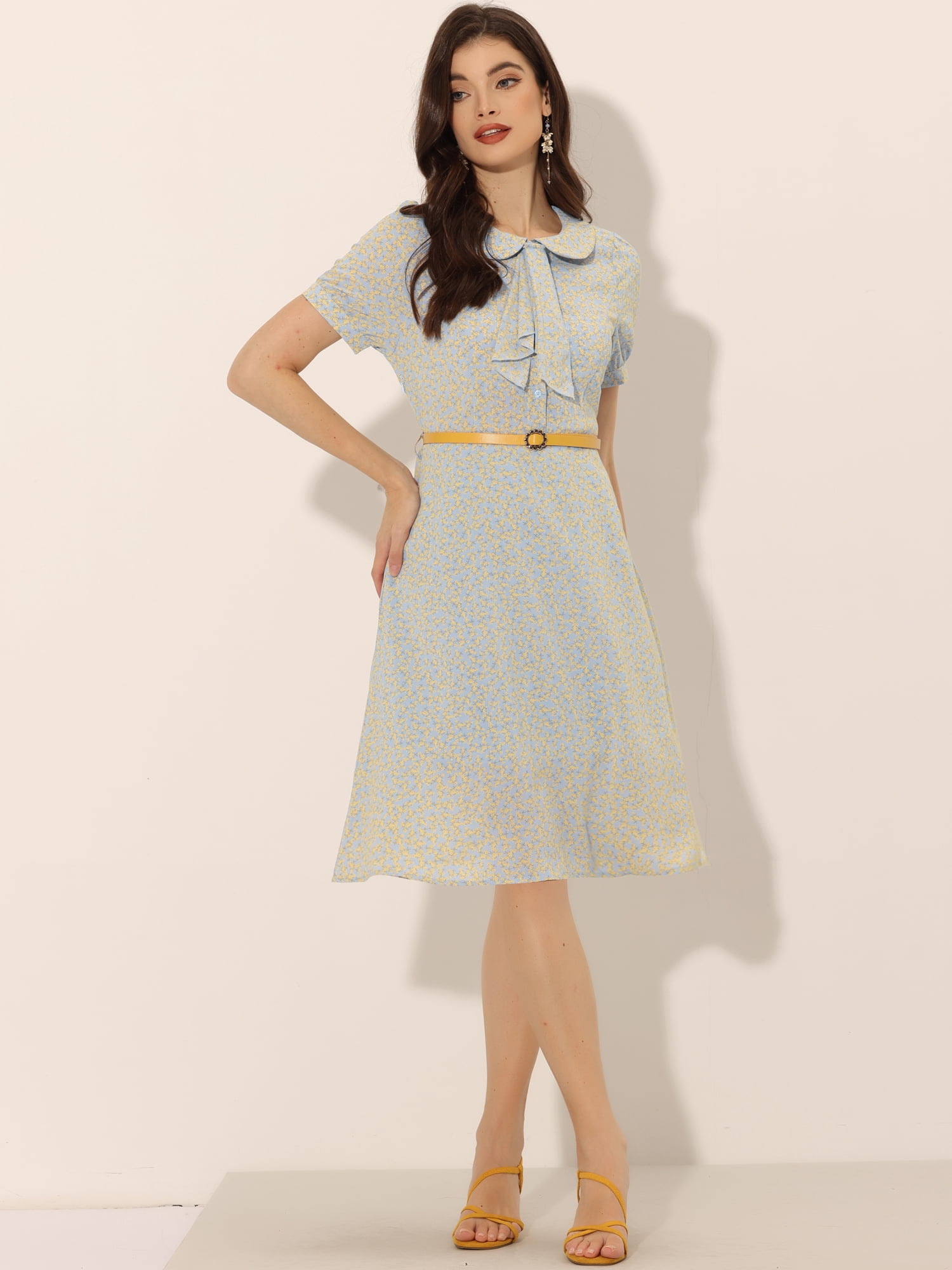 DARING DIVA Peter Pan Collar Tie Neck Elegant Floral Dress with Belt L Light Blue