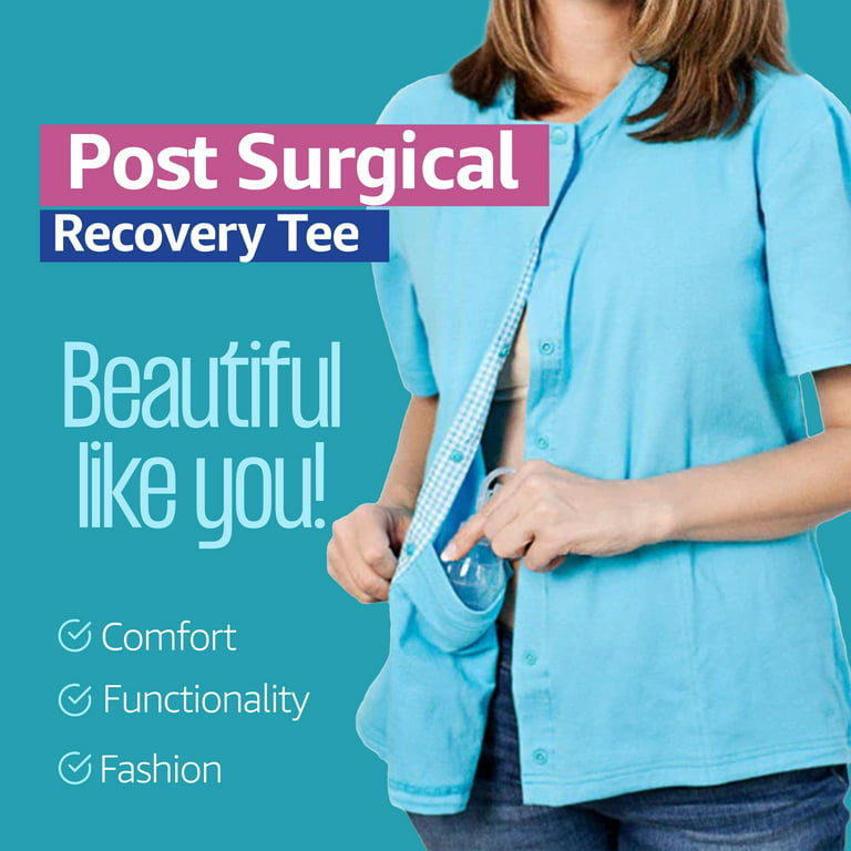 Post Surgery Mastectomy Shirt With Drain Management Pockets - Aqua Tee-  Mastectomy Shirts With Drain Pockets - Breast Cancer Post Surgery Clothing  for Women - Shirts With Drain Pockets Post Mastectomy 