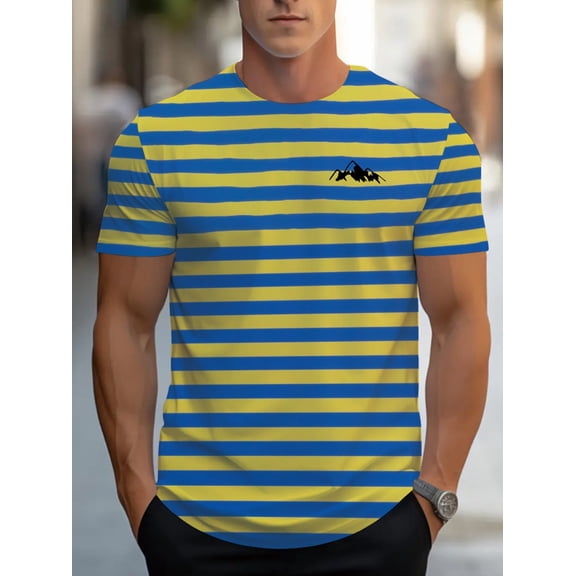 Men’s Striped T-Shirt, Blue and Yellow Horizontal Stripe Casual Tee, Short Sleeve Crew Neck Basic Summer Top
