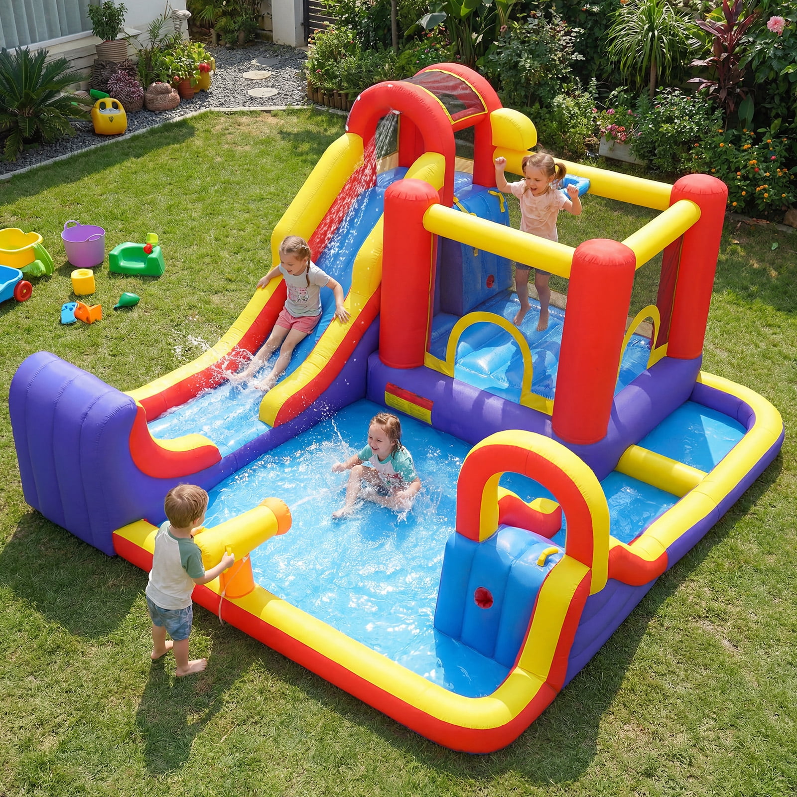 Gymax Inflatable Water Slide 7-in-1 Outdoor Bounce House w/ Dual Slides Splash Pool Water Cannon Climbing Wall & Basketball Hoop Blow-up Kids Bouncer for Backyard Party 680W Blower Included