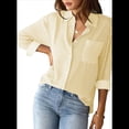 thumbnail image 3 of Camisas de Mujer con Botones, Blusas Clásicas A Rayas de Larga con Cuello y Bolsillo para Oficina. Amarillo M, 3 of 8