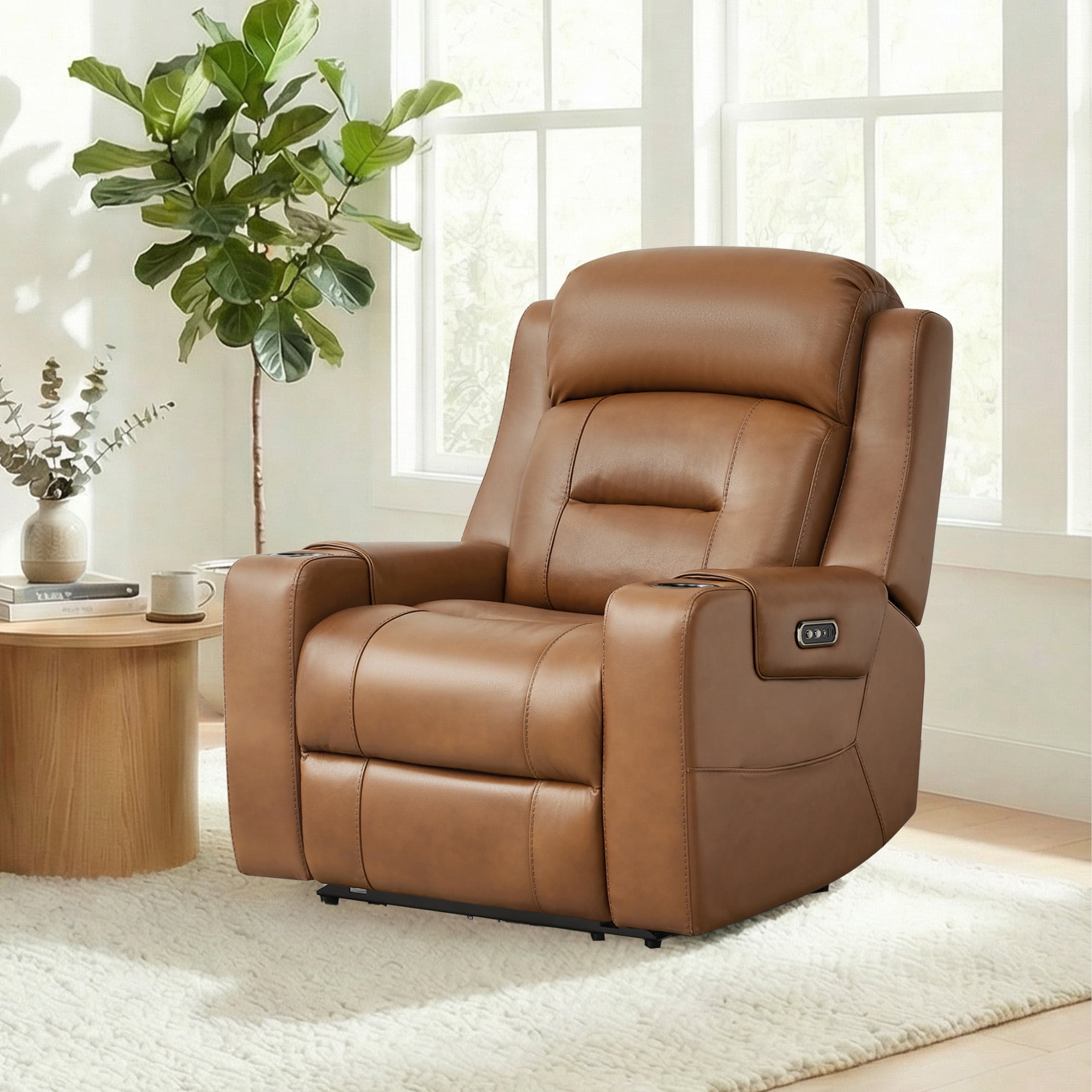 Spruce & Spring Lay-Flat Genuine Leather Power Recliner Chair with Headrest, Saddle