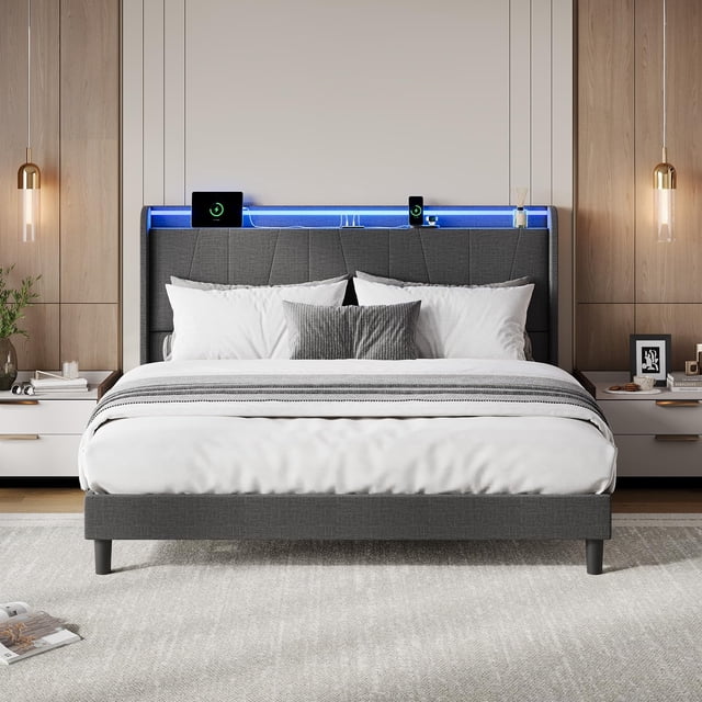 BeesClover Bed Frame with Charging Station and LED Lights, Modern Platform Bed with Wooden Slats, Upholstered Headboard, No Box Spring Needed, Easy Assembly
