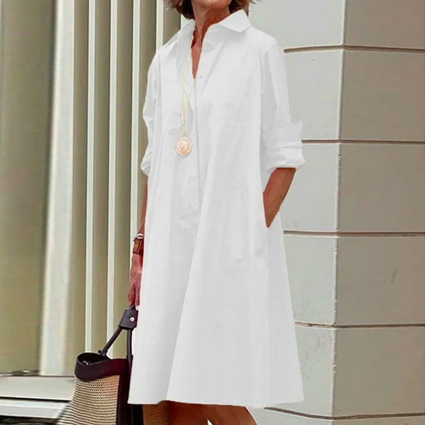 Women Simple Shirt Dress Summer Vintage Elegant Solid Pocket Long Sleeves Midi Dresses Female Turn-down Collar Dresses VestidosL Gao Jinjia LED