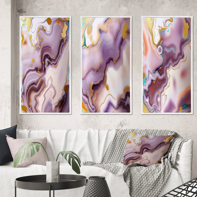Designart "Purple Abstractions Gold and Purple" Abstract Shapes Framed Wall Art Set Of 3 - Gold Transitional Frame Gallery Wall Set For Home Decor