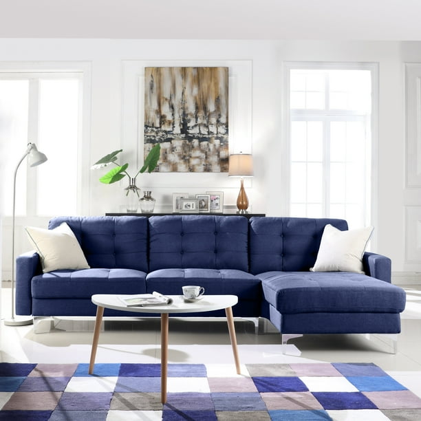 Modern Sectional Sofa with Wide Chaise Lounge, Blue