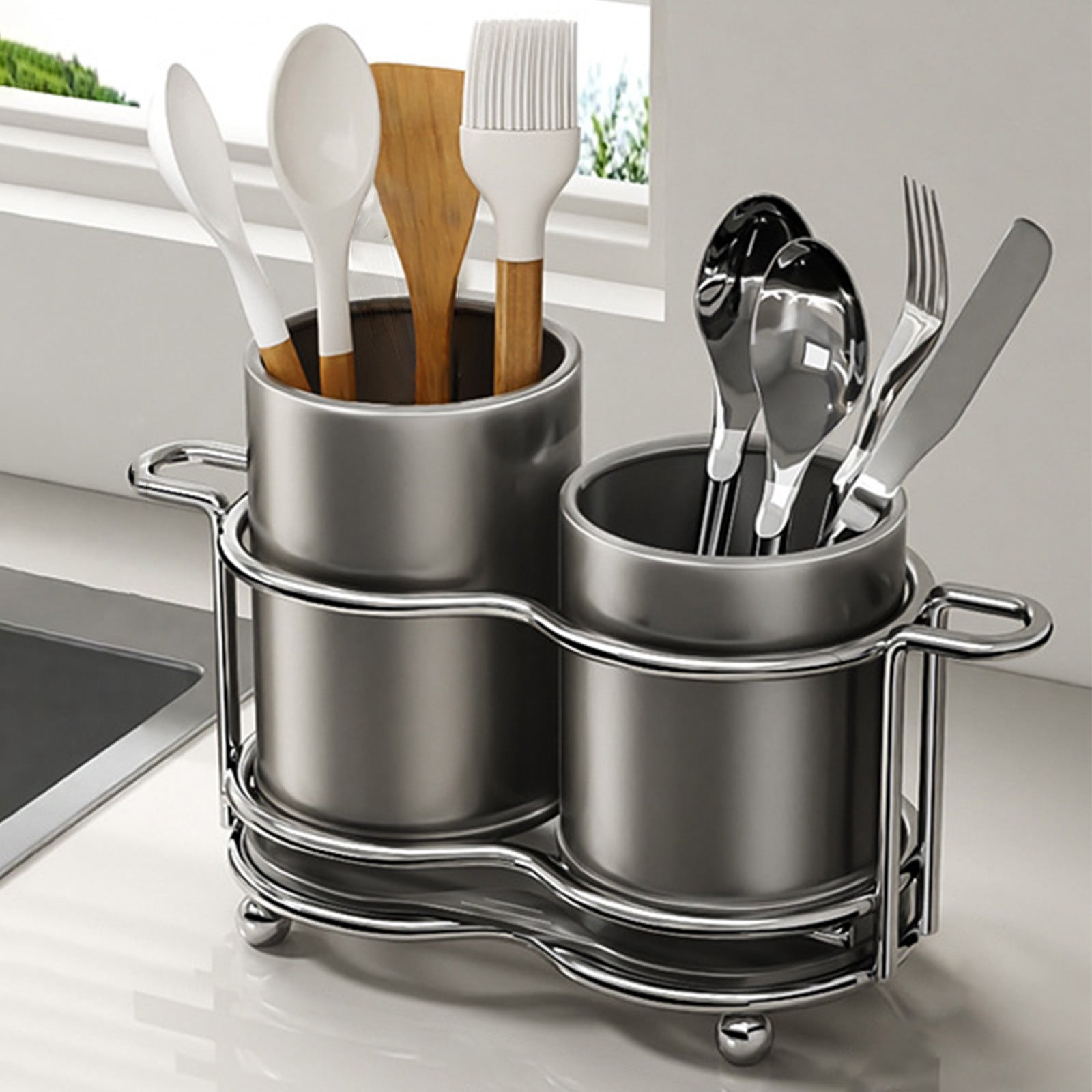 AYktou Metal Utensil Holders, Kitchen Countertop Silverware Organize Tool Stand, Tableware Storage Bucket Spoon Holders with 2 Compartments, Knife Fork Draining Rack Tool Caddy Cutlery Organizer