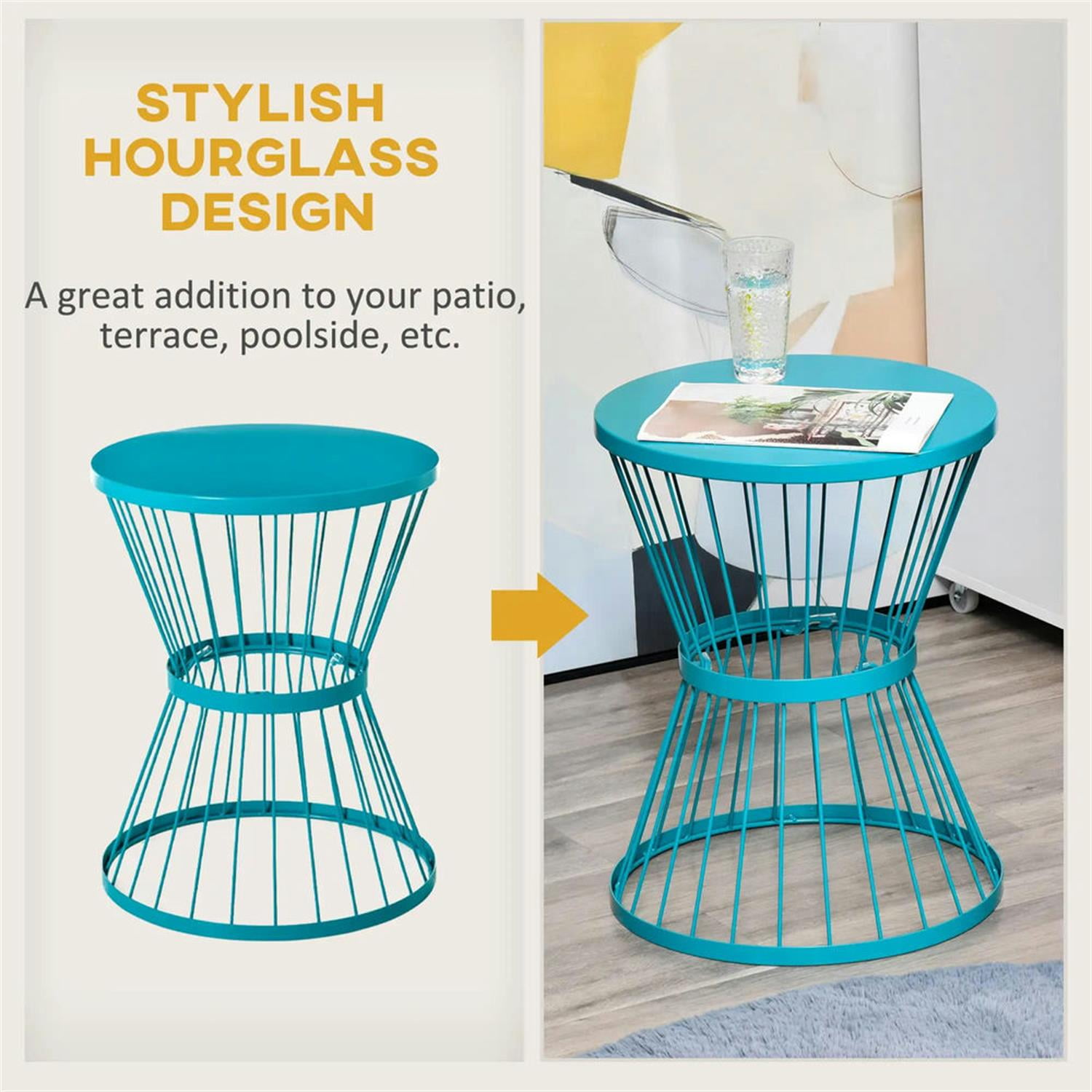 Demi Bonn 15" Steel Outdoor Side Table, Hourglass Design End Table for Patio & Indoor Use, Garden Accent Table, Blue