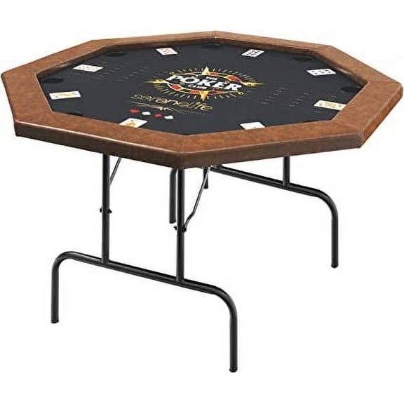 SereneLife Poker Foldable Octagonal 8 Players with Water-Resistant Cushioned Rail, 8 Drink Holders, Brown