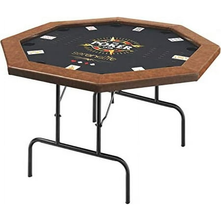 SereneLife Poker Foldable Octagonal 8 Players with Water-Resistant Cushioned Rail 8 Drink Holders Brown