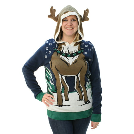 Ugly Christmas Sweater Loose Fit Women's Hooded Reindeer Sweater ...