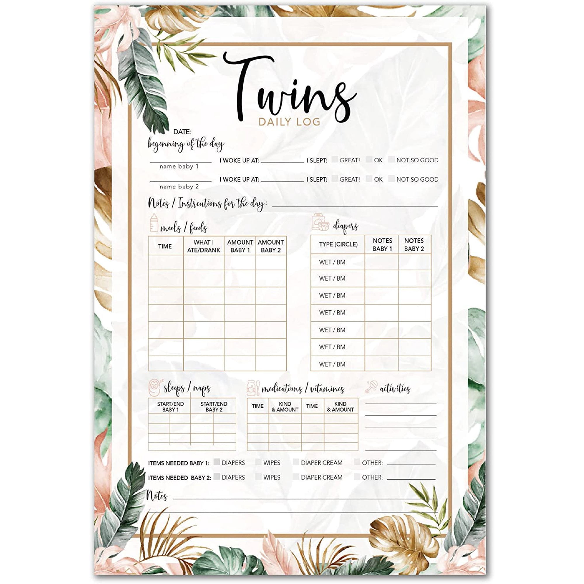 NovaaLife Daily Baby Journal for Twins 50 Page Newborn Twins Gift Set