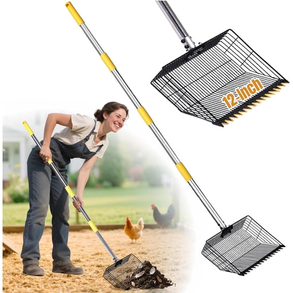 Chicken Coop Poop Scooper with Rake - Ergonomic 12" Sand Sifter Scoop, 65"Adjustable Long Handle, Heavy Duty Litter Pooper Cleaning Tool for Dust Bath,Chicken Run,Dog Yard, Farm Animals