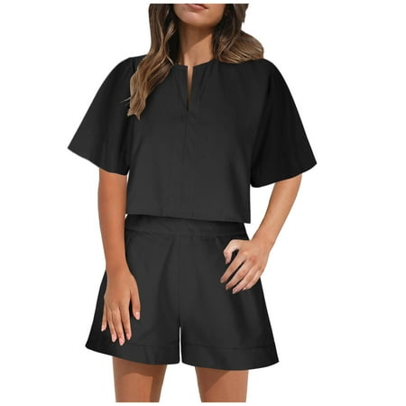 ATOYSOY Women s 2 Piece Cotton Sets Tracksuit Solid Color Loose Pants Trendy Sales Summer Outfits Short Sleeve V Neck Beach Casual Elegant Pajamas Workout Black XL