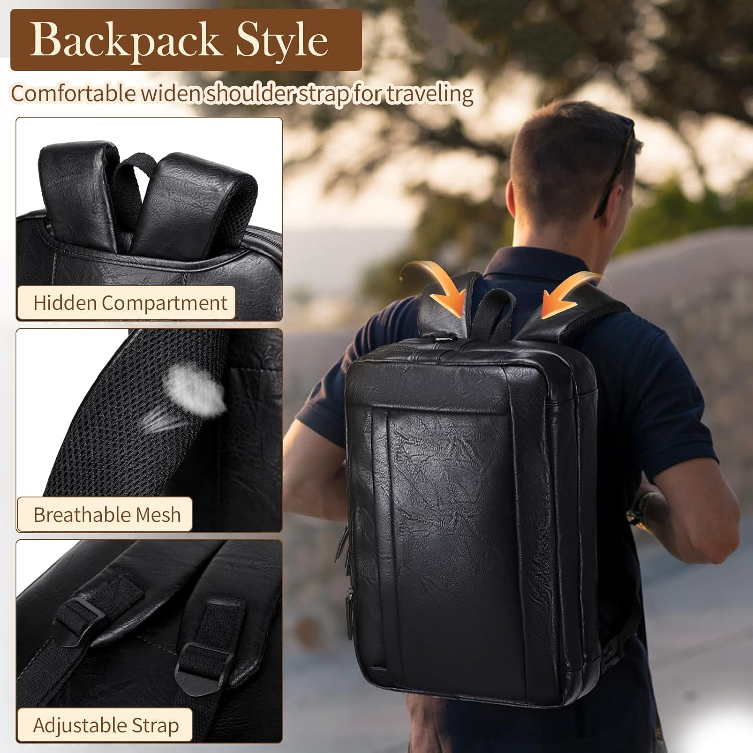 Faux Leather Messenger Bag for Men 17-17.3 Inch: Convertible 3 in 1 Backpack Laptop Briefcase Computer Handbags Shoulder CrossbodyBag with Padded for Work College Travel, PU Black
