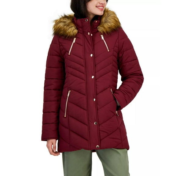 Maralyn & Me WINE Women's Juniors' Faux-Fur Hooded Puffer Coat , S