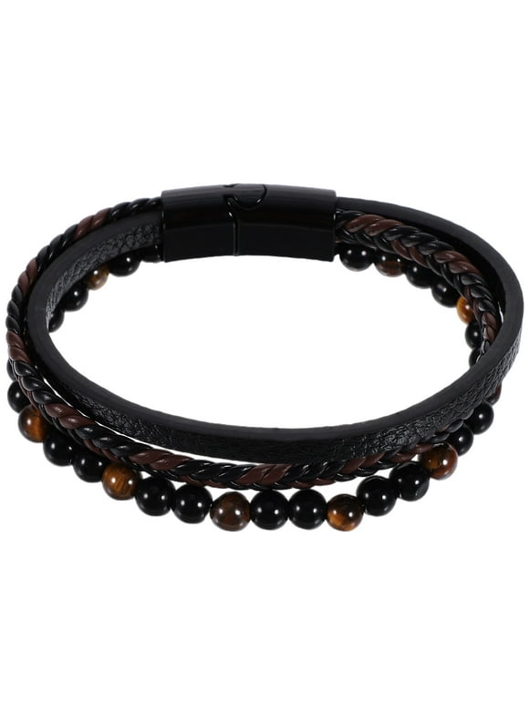 Handwoven Leather Natural Tiger Eye Stone Bracelet with Volcanic Beads Bracelets Gift Fossil Portable Christmas Leis Men Women Man
