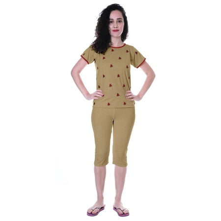 

Moomaya Nightwear Set Watermelon Embroidered Capri T-shirt 2 Pcs Set Sleepwear