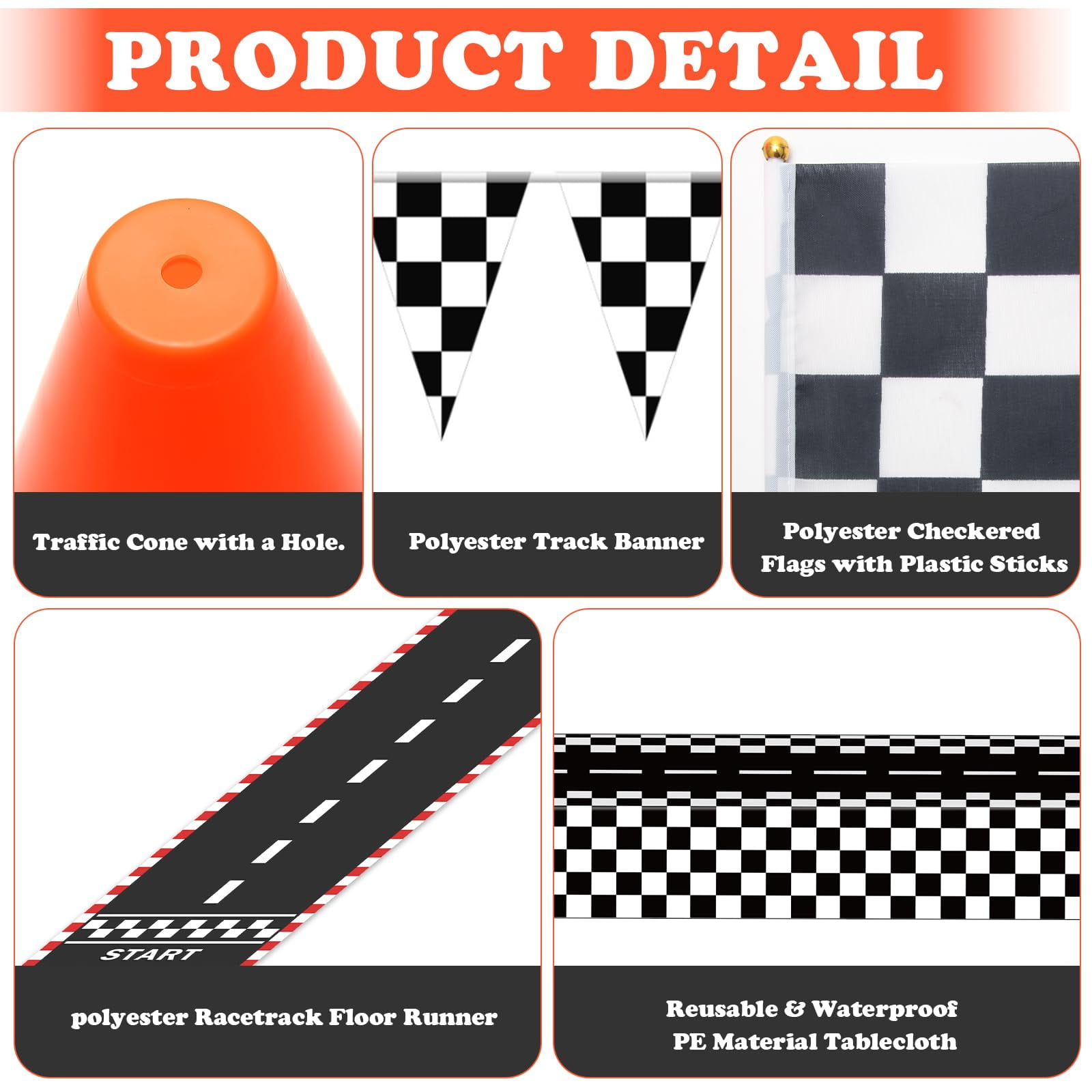 Race Car Party Decorations, Plutput 61 Pcs Set-12 Traffic Cones and 24 Racing Checkered Flags, 6.5Ft Racetrack Floor Runner and 9.8ft Checkered Race Track Banner, Tablecloth, Balloons and Ribbons