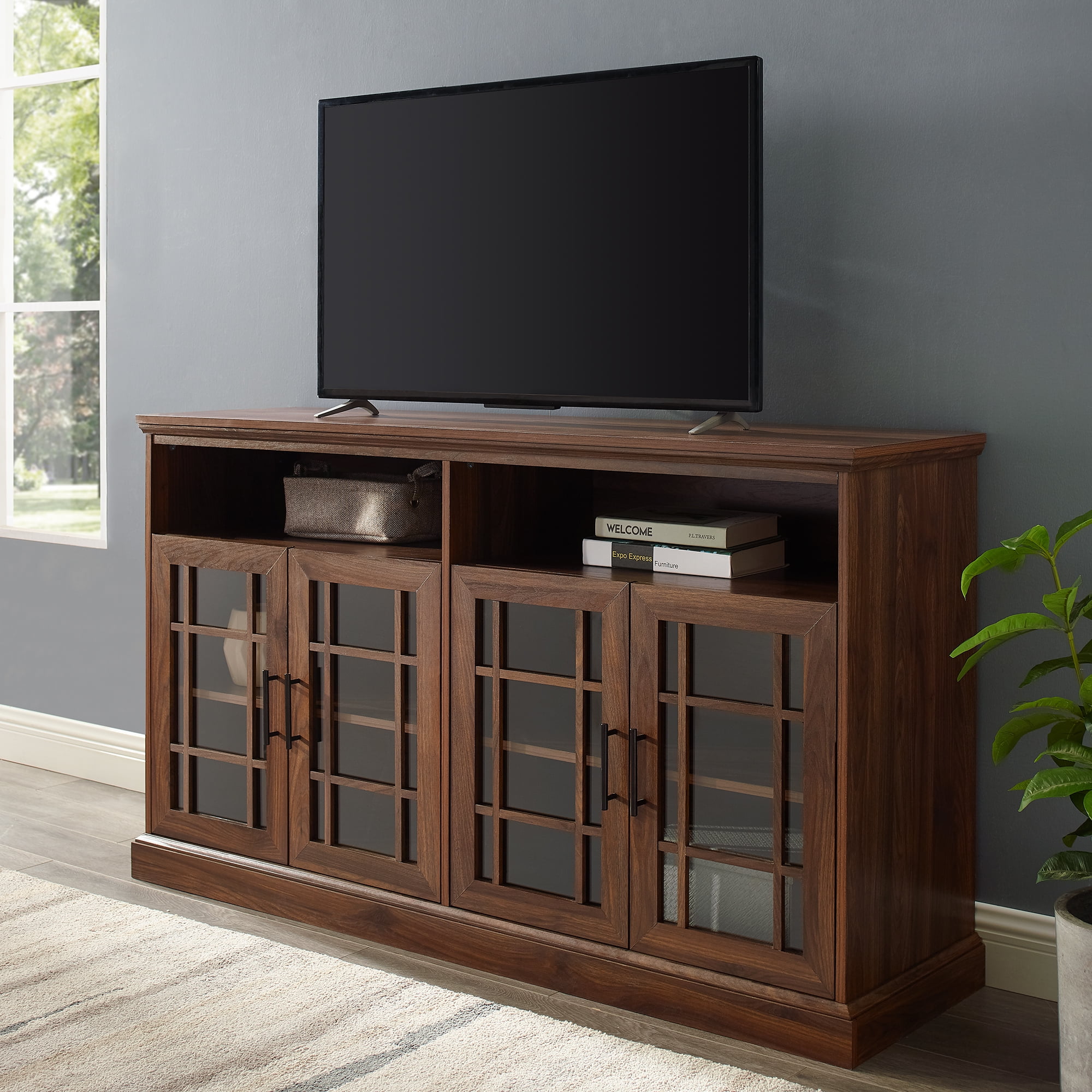 Manor Park Classic Glass Door TV Stand for TVs up to 65", Dark Walnut
