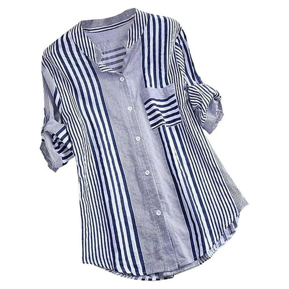 VANLOFE Women's Shirts Long Sleeve Shirts For Women Women Plus Size Three Quarter Striped Print V-Neck Loose Fit Top T-Shirt BlouseBlouses For Women Fashion Blue