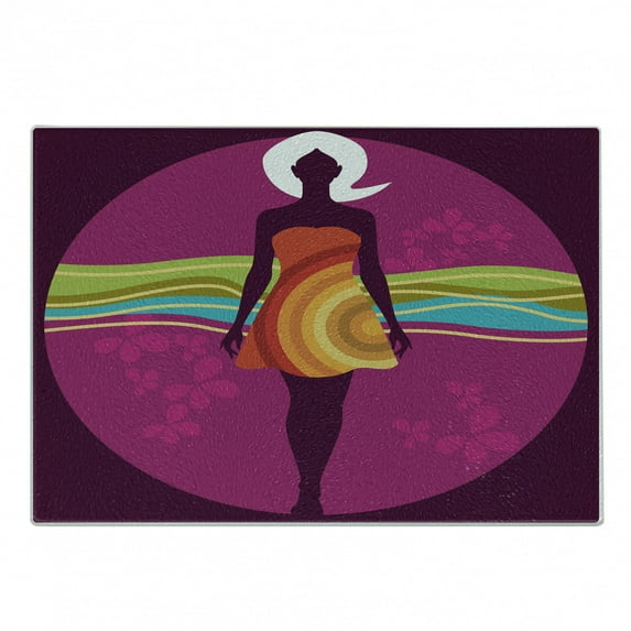 Youth Cutting Board, Young Beauty in an Abstract Dress on Big Pink Dots Wavy Striped Border and Flowers, Decorative Tempered Glass Cutting and Serving Board, Small Size, Multicolor, by Ambesonne