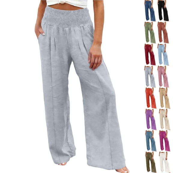 Dwellite Womens Cotton Linen Pants Casual Wide Leg High Waist Long Palazzo Trousers with Pocket Light Gray 2XL