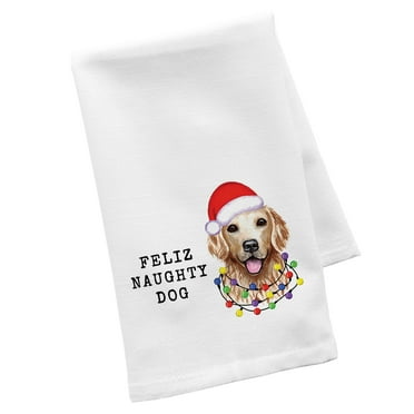 Koyal Wholesale Cute Feliz Naughty Dog Christmas Kitchen Towel, Golden Retriever, Flour Sack Tea Towel, Holiday Decor