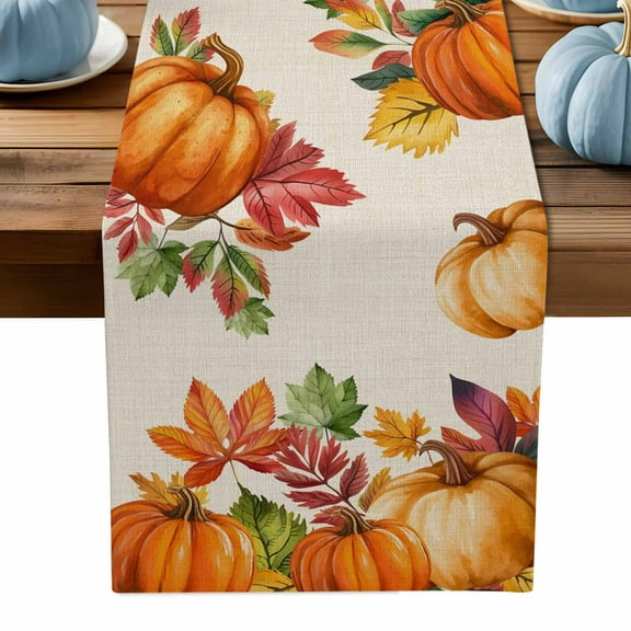 ERUNPONLY Orange Pumpkins Table Runner - 72 Inch Long Farmhouse Botanical Leaves Rustic Vintage Cotton Linen Blended Dress Scarves Farmhouse Table Runner for Kitchen Dining, Coffee Table, 14" x 72"
