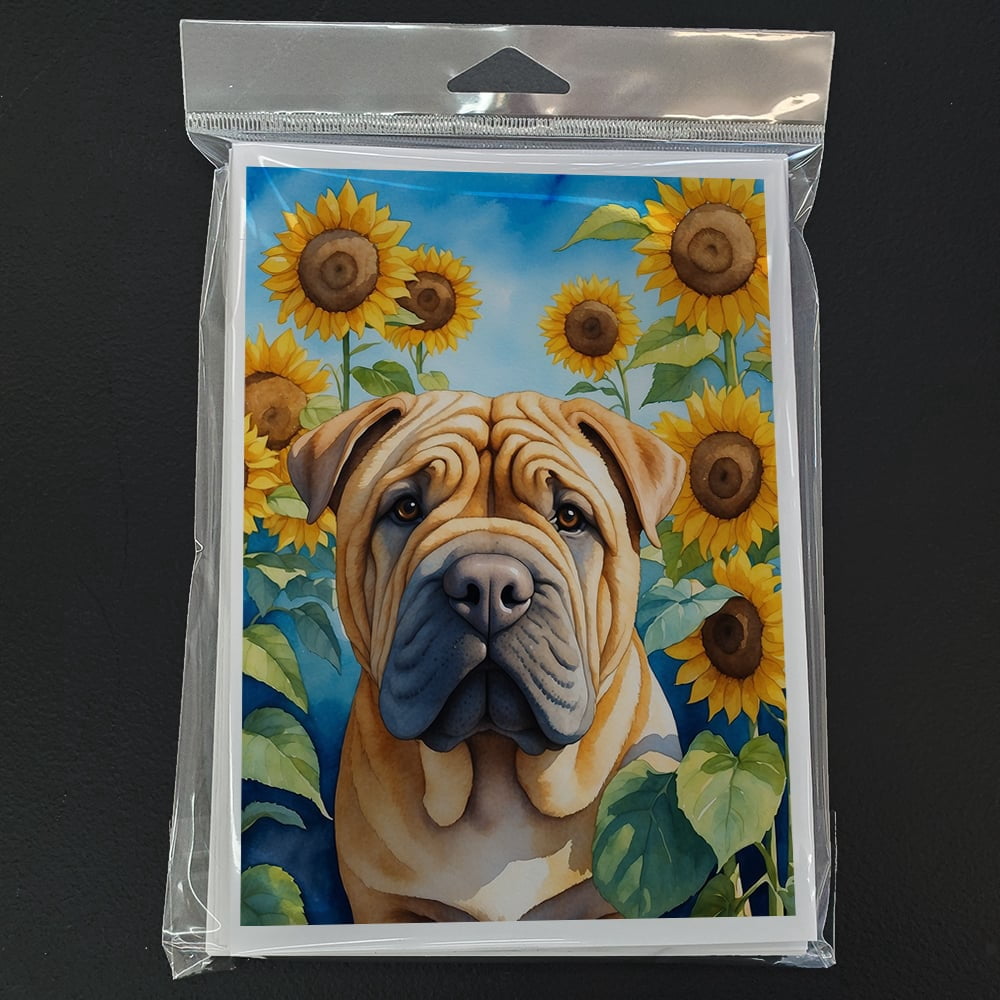 Shar Pei in Sunflowers Greeting Cards Pack of 8 7 in x 5 in