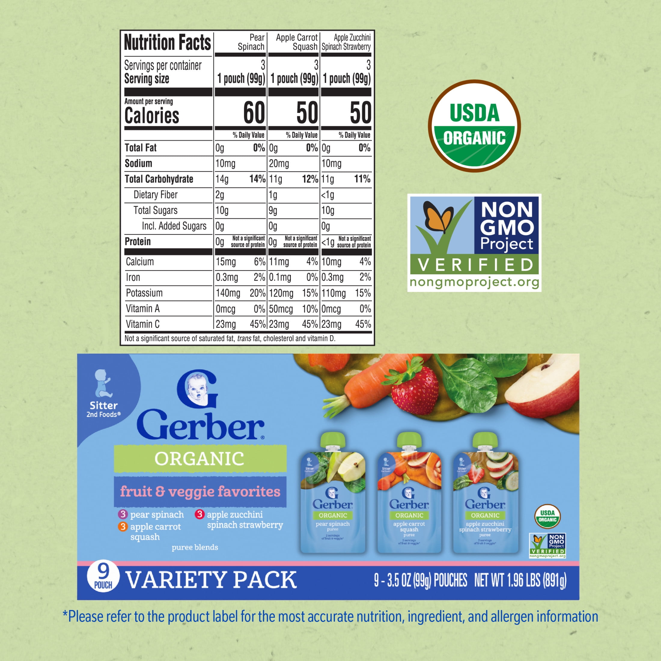 (2 pack) Gerber Organic Stage 2 Baby Food, Fruit & Veggie Favorites Variety Pack Puree, 3.5 oz Pouches (9 Pack)