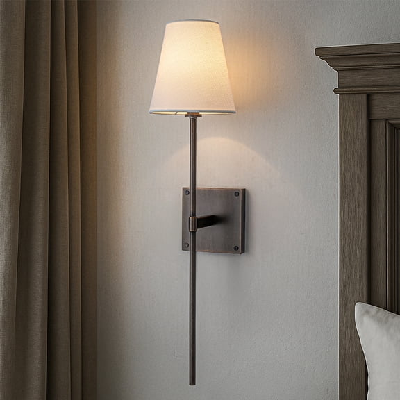 25" Tall Transitional Wall Sconce in Bronze with White Linen Shade Modern Farmhouse Fabric Wall Light Fixture for Bedside Hallway Bathroom
