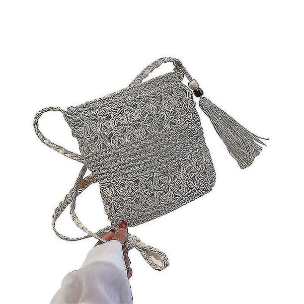 Bolso de hombro de paja tejido de playa con borla Boho Hollow Crochet Crossbody Wo