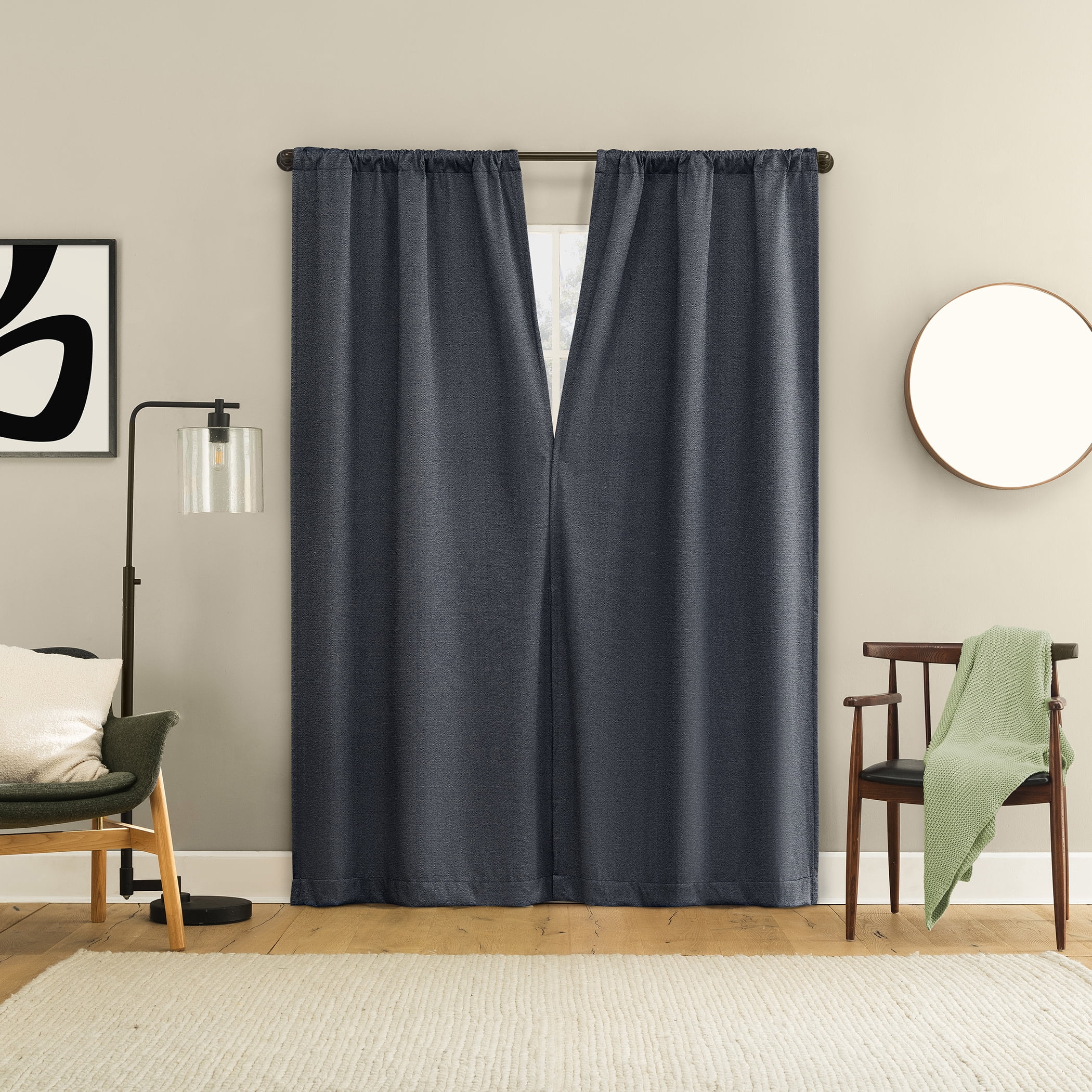 Sun Zero Prescott 2-pack Herringbone Magnetic Closure 100% Blackout Rod Pocket Curtain Panel Pair, 37"W x 63"L, Navy
