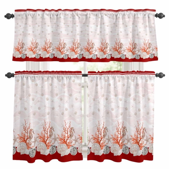 Red Coastal Shell Kitchen Curtains Sets for Windows 24 Inch Length, Nautical Seahorse Coral Stripes Rod Pocket Window Treatments Tier Curtains and Valances Set for Bedroom/Bathroom