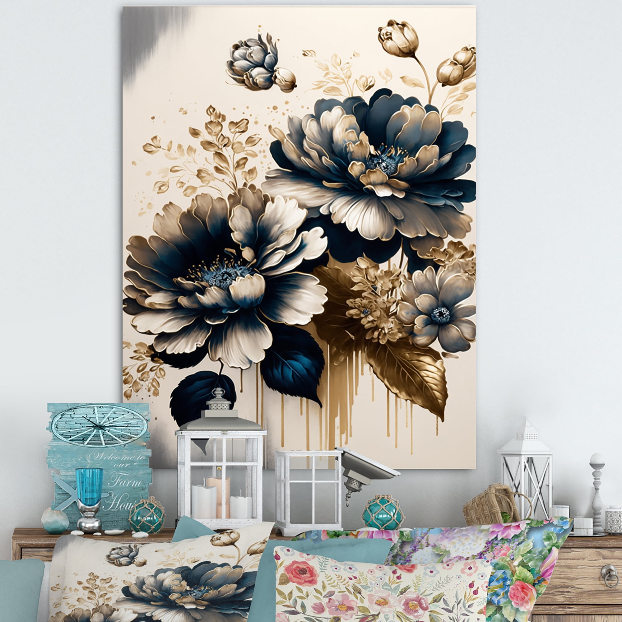 Designart Blue And Gold Zinnia Flowers III Canvas Wall Art