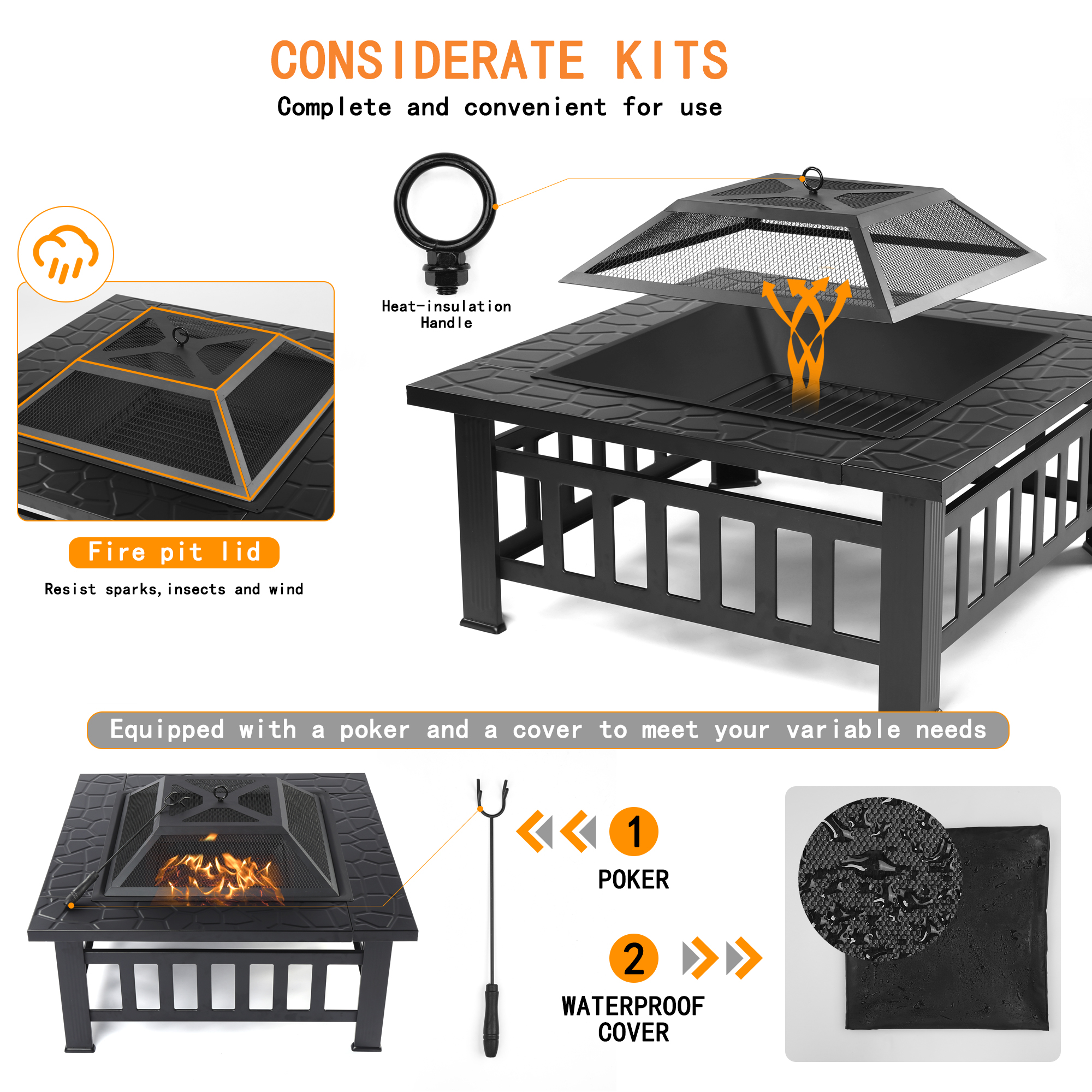 Fire Pits for Outside, 32" Wood Burning Fire Pit Tables with Screen Lid, Poker, BBQ Net, Ice Tray, Food Clip and Cover, Backyard Patio Garden Outdoor Fire Pit/Ice Pit/BBQ Fire Pit, Black - image 3 of 10