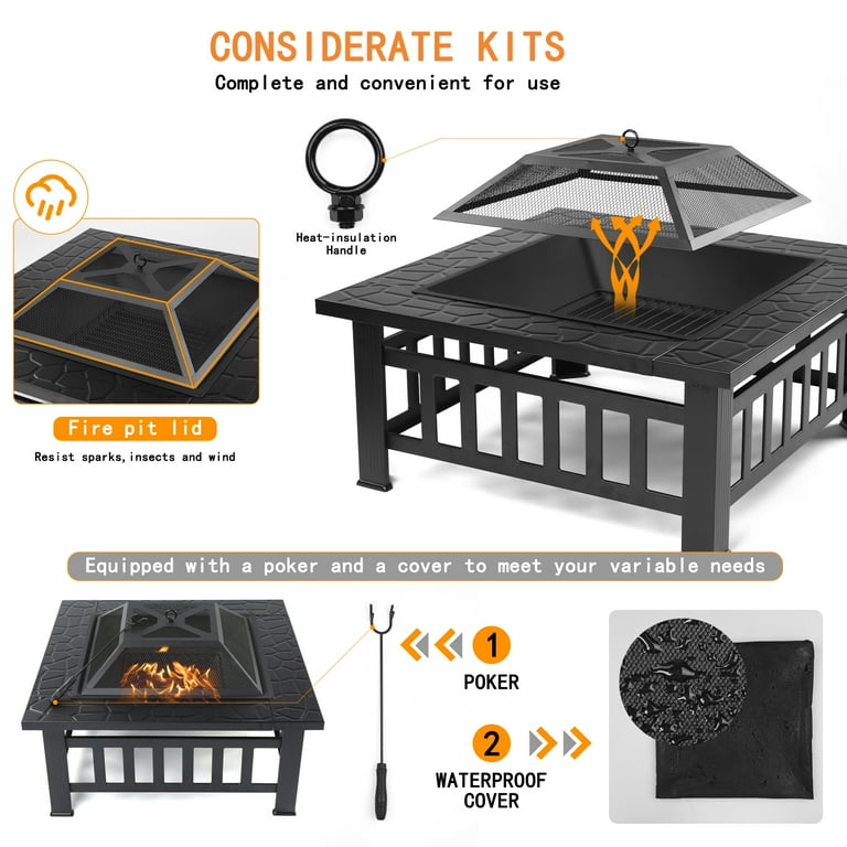 Outdoor Fire Pit Square Metal Firepit Backyard Patio Garden Stove Wood Burning Fire Pit W/Rain Cover, Black Outdoor Fire Pit Square Metal Firepit Backyard Patio Garden Stove Wood Burning Fire Pit W/Rain Cover, Black